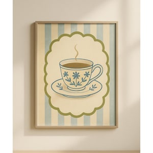 Vintage Tea Cup Art, Cottagecore Kitchen Wall Decor, Printable Coffee Poster