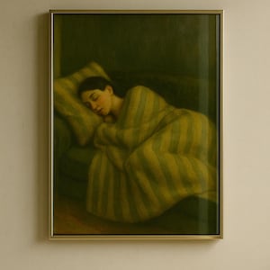 Vintage Sleeping Woman Art Print – Cozy Oil Painting Style Digital Poster