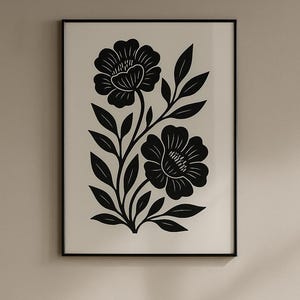 Arte de parede floral botânica minimalista – Desenho de flor preta – Pôster digital moderno para impressão