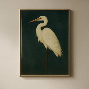 White Heron Bird Portrait – Vintage Minimalist Animal Print – Digital Wall Art Download