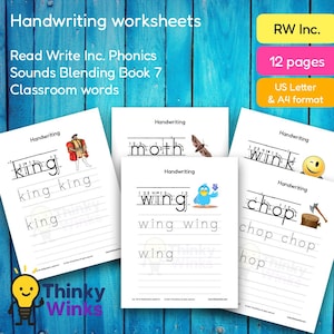 12 feuilles d'exercices d'écriture manuscrite imprimables pour Read Write Inc., livre 7 sur les mélanges de sons (salle de classe) - Exercices de phonétique pour enfants (A4 et lettre US)