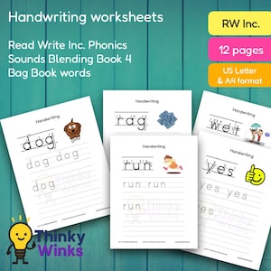 12 feuilles d'exercices d'écriture manuscrite imprimables pour Read Write Inc., livre 4 sur le mélange du son (sac de livre) - Exercices de phonétique pour enfants (A4 et lettre US)