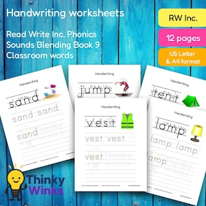 12 hojas de ejercicios de escritura a mano imprimibles para Read Write Inc. Libro de combinación de sonidos 9 (aula): Práctica de fonética para niños (A4 y carta)
