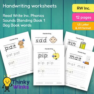 12 hojas de ejercicios de escritura a mano imprimibles para Read Write Inc. Libro de combinación de sonidos 1 (Mochila) – Práctica de fonética para niños (A4 y carta)