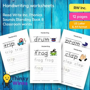12 feuilles d'exercices d'écriture manuscrite imprimables pour Read Write Inc., livre 8 sur les mélanges de sons (salle de classe) - Exercices de phonétique pour enfants (A4 et lettre US)