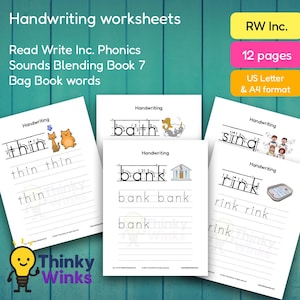 12 feuilles d'exercices imprimables sur l'écriture manuscrite pour Read Write Inc., livre 7 sur les mélanges de sons (sac de livre) - Exercices de phonétique pour enfants (A4 et lettre US)
