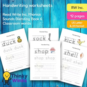 12 hojas de ejercicios de escritura a mano imprimibles para Read Write Inc. Libro de combinación de sonidos 6 (aula): Práctica de fonética para niños (A4 y carta)