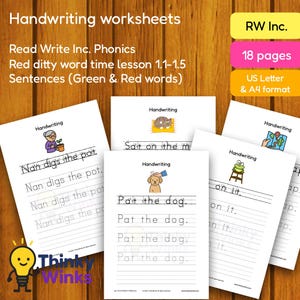 18 hojas de ejercicios de escritura a mano imprimibles para oraciones - Read Write Inc. Red Ditty Word Time 1.1-1.5: Práctica de fonética para niños (A4 y tamaño carta)