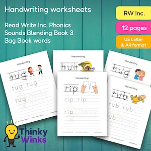12 hojas de ejercicios de escritura a mano imprimibles para Read Write Inc. Libro de combinación de sonidos 3 (Mochila) – Práctica de fonética para niños (A4 y carta)