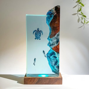 Sea Turtle Resin Lamp with Divers | Ocean Epoxy Wood Light | Tall Vertical Underwater Scene Night Light Decor