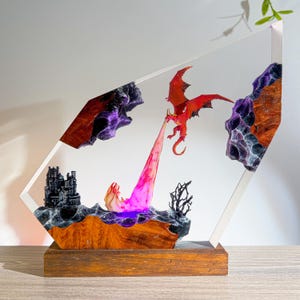 Dragon Resin Lamp – Fire Breathing Dragon and Castle Scene | Handmade Fantasy Epoxy Light, Medieval Decor, DnD Gift, Custom LED Lamp