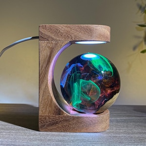 Lava Flow Resin Globe Lamp – LED Molten Core Light in Wooden Moon Stand – Handmade Volcano Night Light Gift for Him