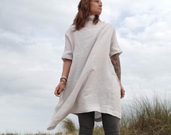 White Linen Tunic Dress, Handmade Relaxed Fit Shirt Dress, Softened Linen Summer Blouse, Minimalist White Mini Dress, Elbow Sleeve Tunic