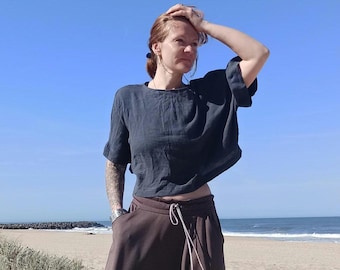 Dark Grey Linen Blouse, Handmade Oversized Linen Top, Soft Loose Fit Shirt, Minimalist Everyday Blouse, Breathable Linen Clothing, One Size
