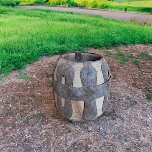Rustic Maana Pot: Handcrafted Wooden Vessel with Aged Iron Bands