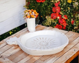 Hand-Carved Whitewashed Wooden Bowl | Rustic Farmhouse Tray
