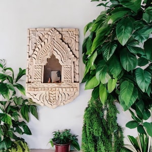 Hand-Carved Wooden Jharokha Mirror | 12x8 Inch Antique Wall Decor | Rajasthani Style Frame