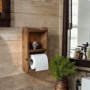 Porta carta igienica rustico in legno con ripiano / Portaoggetti da bagno da parete in stile rustico / Organizzatore da bagno fatto a mano