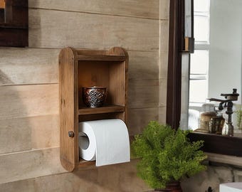 Rustic Wooden Toilet Paper Holder with Shelf: Farmhouse Bathroom Organizer