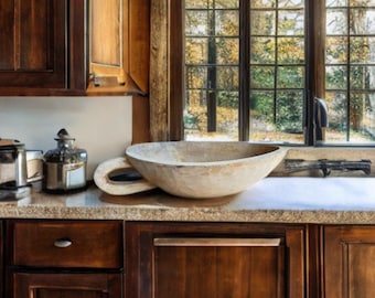 Hand-Carved Rustic Wooden Bowl with Handle: Farmhouse Table Centerpiece