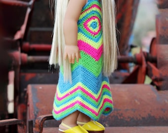 Vintage-Inspired Crochet Dress Pattern for 18” Dolls – 70s Style Chevron Design, Instant PDF