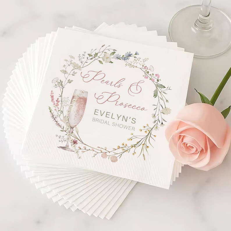 Pearls and Prosecco Bridal Shower Napkins, Personalized Cocktail ...