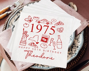 Personalized 50th Birthday Cocktail Napkins, New York City Theme, Birthday Favor Decorations