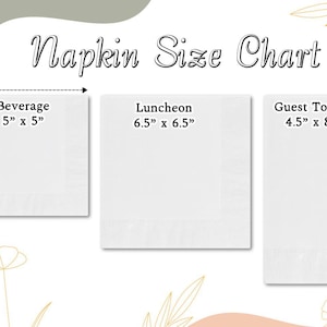 May include: A white napkin size chart with three different napkin sizes: Beverage (5" x 5"), Luncheon (6.5" x 6.5"), and Guest Towel (4.5" x 8"). The text "Napkin Size Chart" is at the top.
