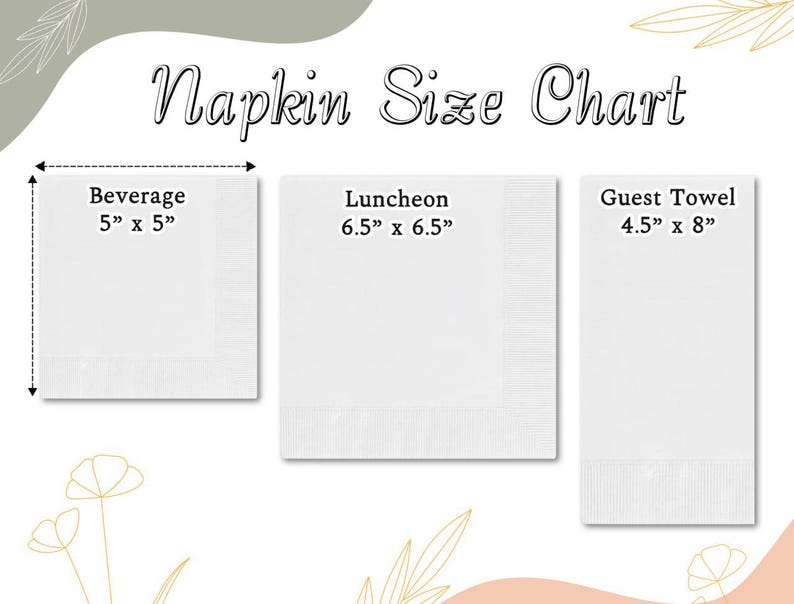 May include: A white napkin size chart with three different napkin sizes: Beverage (5" x 5"), Luncheon (6.5" x 6.5"), and Guest Towel (4.5" x 8"). The text "Napkin Size Chart" is at the top.