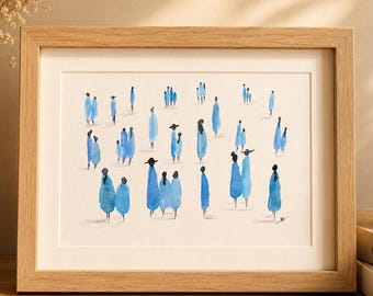 Aquarelle originale personnages bleus – illustration silouhette minimaliste – peinture  décoration murale moderne – art abstrait fait main