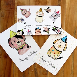 Chien Anniversaire - Carte postale et enveloppe- Aquarelle originale 10 x 15 cm
