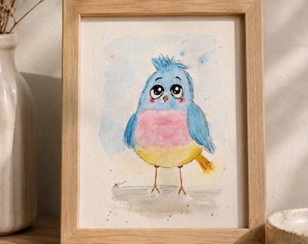 Original watercolor painting of a cute and funny bird, 15 x 20 cm, unique piece – Children's illustration – Wall decoration for a child's room – Naïve and quirky art