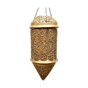 Vintage Pierced Brass Moroccan Hanging Lantern — Cylinder Form, Dense Vine Scroll Filigree, circa 1970s Bohemian Decor
