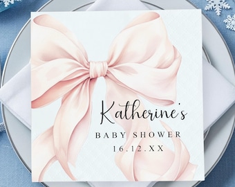 Personalized Pink Coquette Baby Shower Paper Napkin, Newborn Holiday Event Tableware Supply, Baby Gender Neutral Party Decor