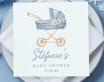 Personalized Blue Watercolor Stroller It's a Boy Shower Paper Napkin, Newborn Holiday Event Table Supplies, Baby Gender Neutral Party Decor