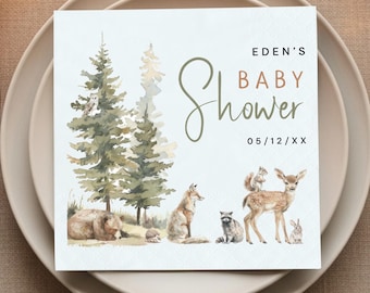 Personalized Woodland Forest Animals Baby Shower Paper Napkin, Newborn Holiday Event Tableware Supply, Baby Gender Neutral Party Decor