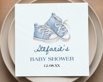Personalized Watercolor Blue Baby Boy Shoes Shower Paper Napkin, Newborn Holiday Event Tableware Supplies, Baby Gender Neutral Party Decor