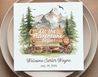 Personalized Let The Adventure Begin Paper Napkin, Custom Boy Baby Shower Favor, Gender Neutral Party, Watercolor Mountain Woodland Supplies