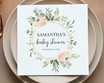 Personalized Blush Pink White Floral Baby Shower Paper Napkin, Newborn Holiday Event Tableware Supplies, Baby Gender Neutral Party Decor