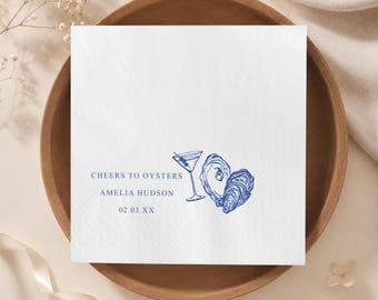 Personalized Cheers To Oysters Napkin, Martini Glass Custom Decor,Minimalist Coastal Rehearsal Dinner,Blue Sketch Engagement Elegant Seafood
