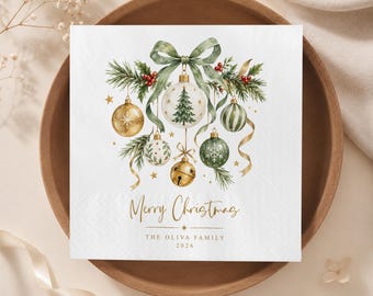 Personalized Family Christmas Napkins, Vintage Ornament Holiday Party Decor, Sage Green Bow Bauble Serviettes, Green and Gold Xmas
