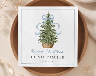 Personalized Blue Bow Christmas Tree Napkins, Watercolor Pine Holiday Party Decor, Elegant Winter Cocktail Serviettes,Classic Xmas Tableware