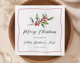 Personalized Winter Berry Christmas Napkins, Classic Holly Greenery Holiday Tableware, Minimalist Red Border Xmas Cocktail Decor