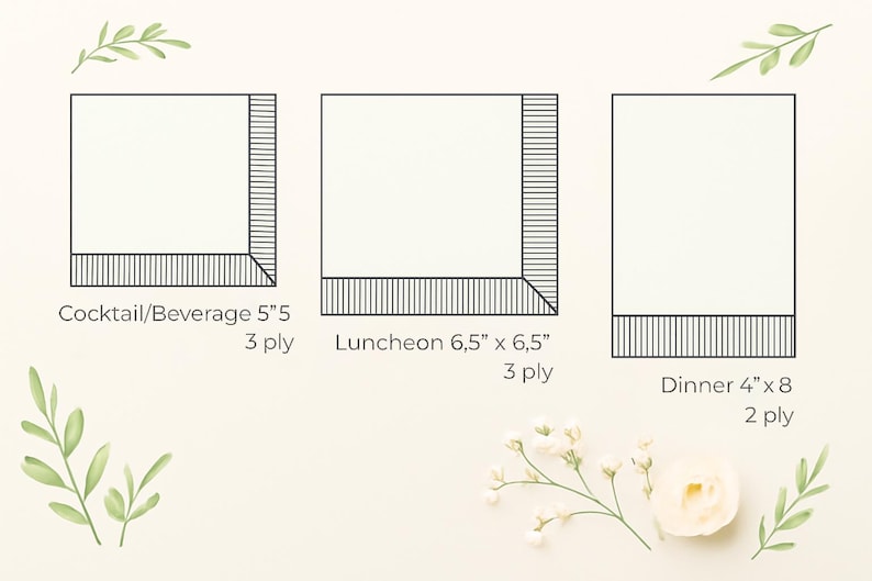 Puede incluir: Diagrama de tres tama&ntilde;os de servilletas: C&oacute;ctel/Bebida (13cm x 13cm), Almuerzo (16.5cm x 16.5cm) y Cena (10cm x 20cm). Cada servilleta es blanca con un borde a rayas. La imagen incluye etiquetas de texto y elementos florales decorativos.