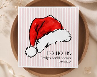 Personalized Ho Ho Ho Bridal Shower Napkins, Pink Striped Santa Hat Holiday Bachelorette Decor, Coquette Christmas Cocktail Serviettes