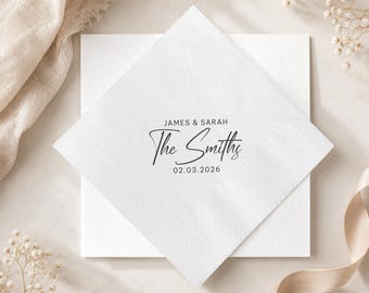 Personalized Name Wedding Napkins, Minimalist Script Couple Decor, Elegant Typography Reception Tableware, Timeless Black and White