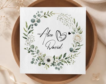 Personalized White Floral Wreath Wedding Napkins, Eucalyptus Greenery Decor, Heart Date Couple Tableware, Elegant Botanical Reception