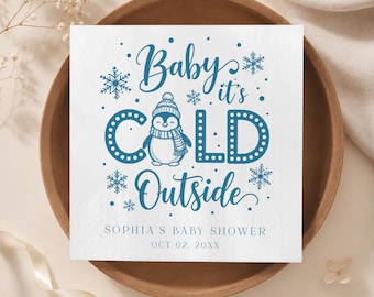 Personalized Baby Its Cold Outside Napkins, Cute Blue Penguin Baby Shower Decor, Snowflake Typography Tableware, Winter Boy Sprinkle