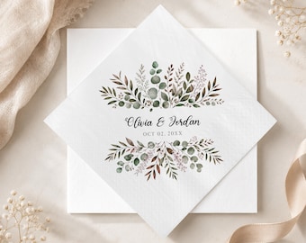 Personalized Wedding Couple Names Napkins, Moody Botanical Greenery Decor, Earthy Fall Reception Tableware, Dark Eucalyptus Boho Party Goods