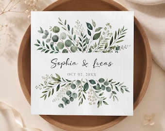 Personalized Eucalyptus Wedding Napkins, Botanical Greenery Couple Names Decor, Garden Reception Tableware, Elegant Leaf Rehearsal Dinner
